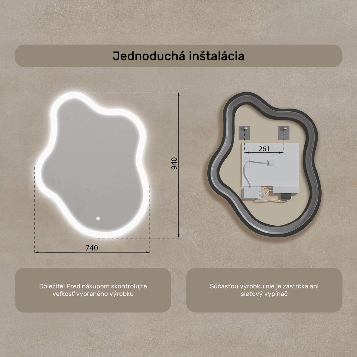 74x94 cm Nerovnomerné zrkadlo s podsvietením, 74x94cm, Dvojfarebné, Dotykový vypínač