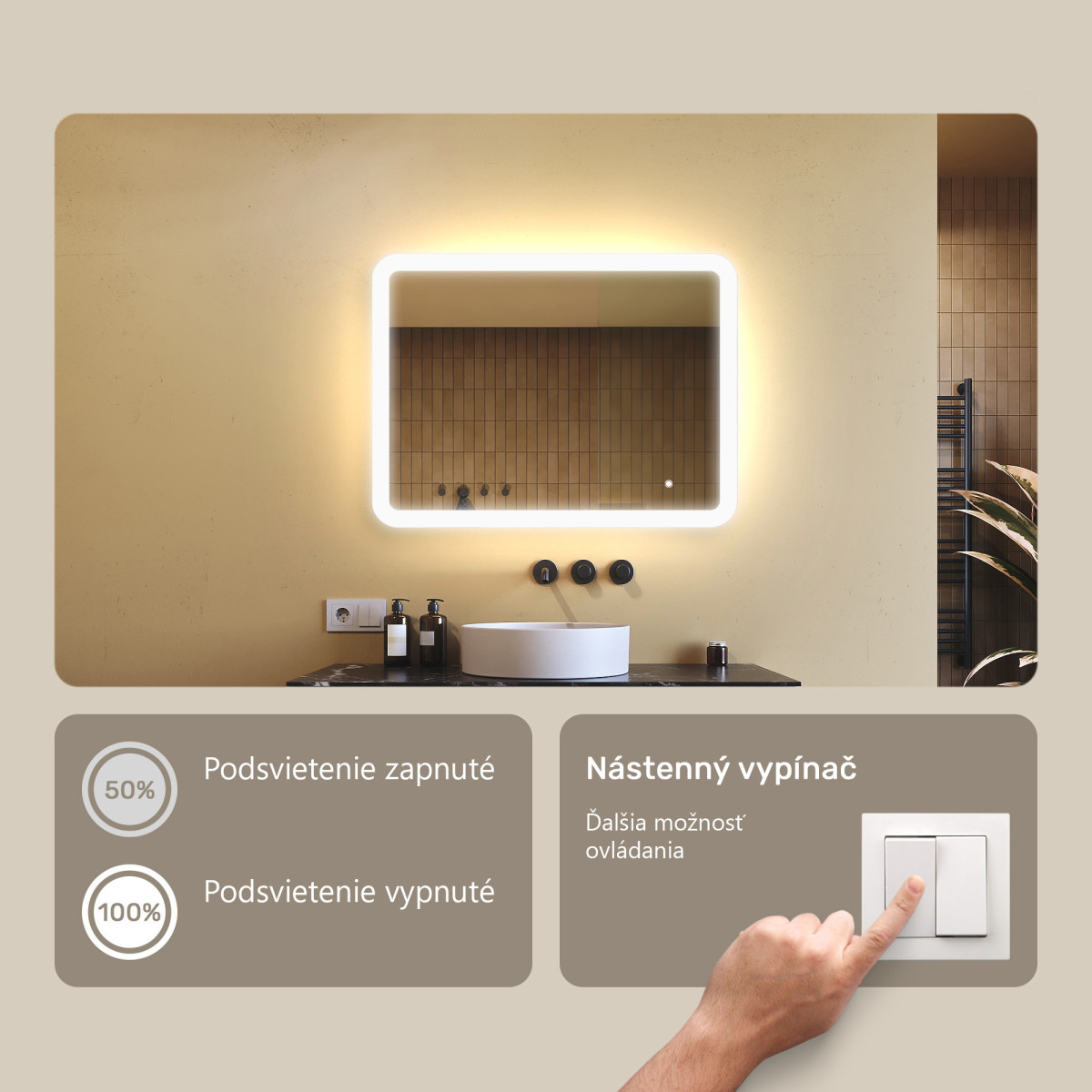 80x60 cm Zaoblené zrkadlo do kúpeľne s LED osvetlením, 80x60cm, Dvojfarebné, Dotykový vypínač