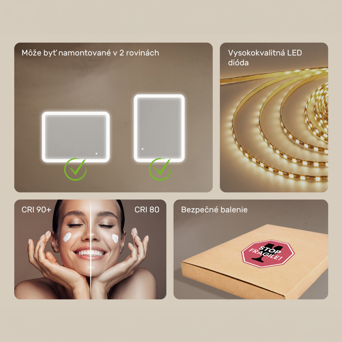 80x60 cm Zaoblené zrkadlo do kúpeľne s LED osvetlením, 80x60cm, Dvojfarebné, Dotykový vypínač