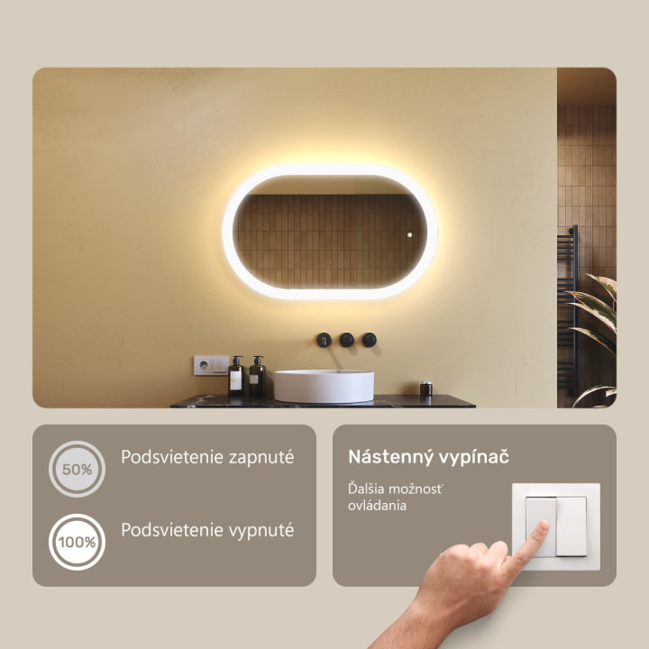80x50 cm Podsvietené zrkadlo do kúpeľne, 80x50cm, Dvojfarebné, Dotykový vypínač