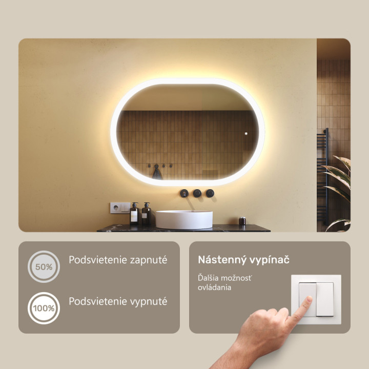 100x70 cm Podsvietené zrkadlo do kúpeľne, 100x70cm, Dvojfarebné, Dotykový vypínač