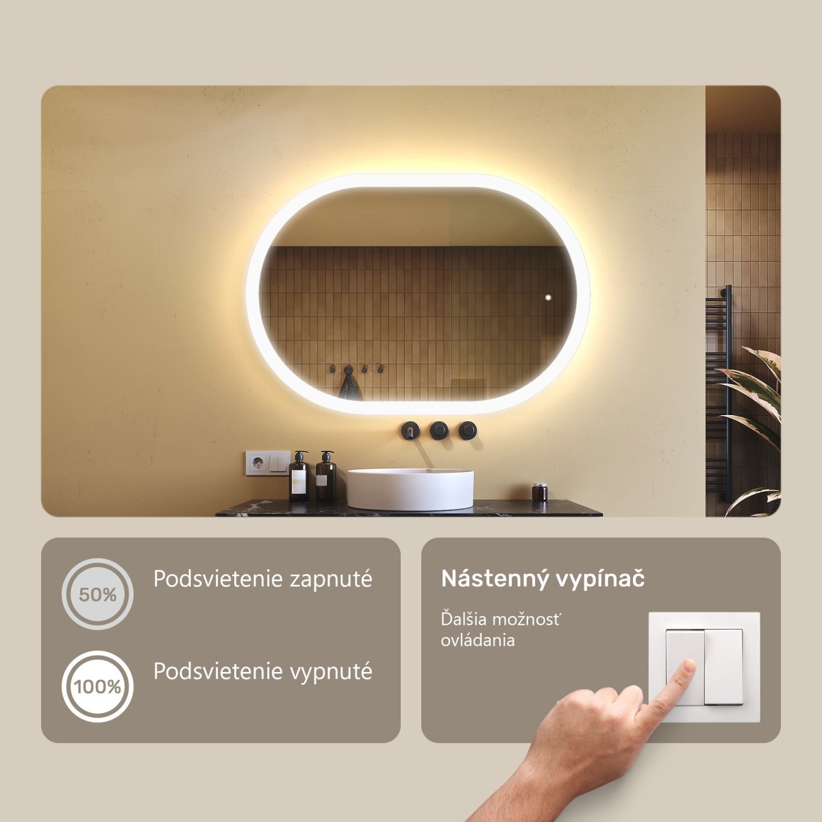 100x70 cm Podsvietené zrkadlo do kúpeľne, 100x70cm, Dvojfarebné, Dotykový vypínač