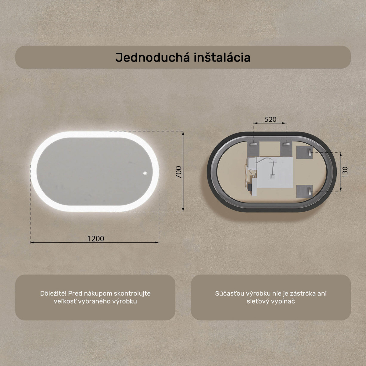 120x70 cm Podsvietené zrkadlo do kúpeľne, 120x70cm, Dvojfarebné, Dotykový vypínač