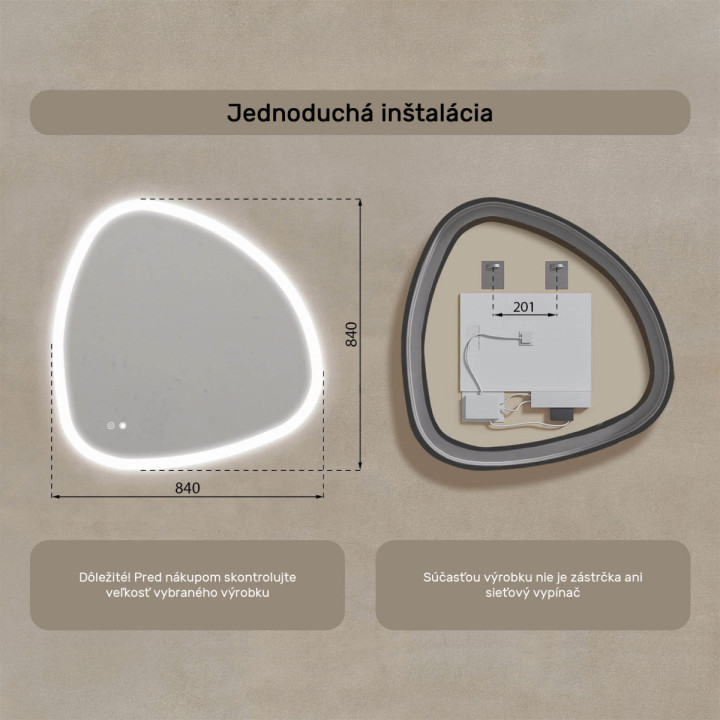 84x84 cm Nerovnomerné zrkadlo s podsvietením, 84x84cm, Dvojfarebné, Dotykový vypínač, Vyhrievacia podložka