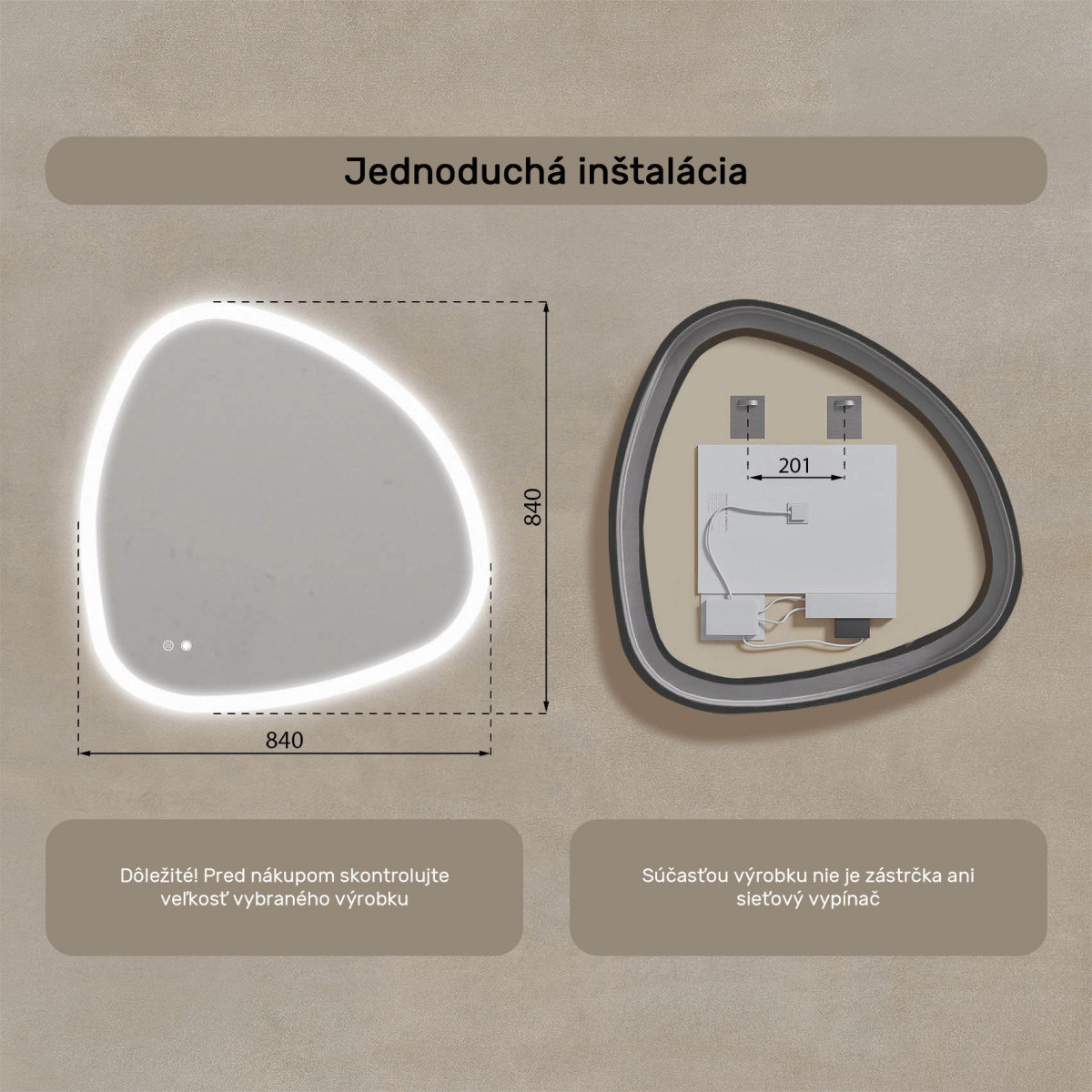 84x84 cm Nerovnomerné zrkadlo s podsvietením, 84x84cm, Dvojfarebné, Dotykový vypínač, Vyhrievacia podložka