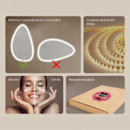 64x104 cm Nerovnomerné zrkadlo s podsvietením, 64x104cm, Dvojfarebné, Dotykový vypínač, Vyhrievacia podložka