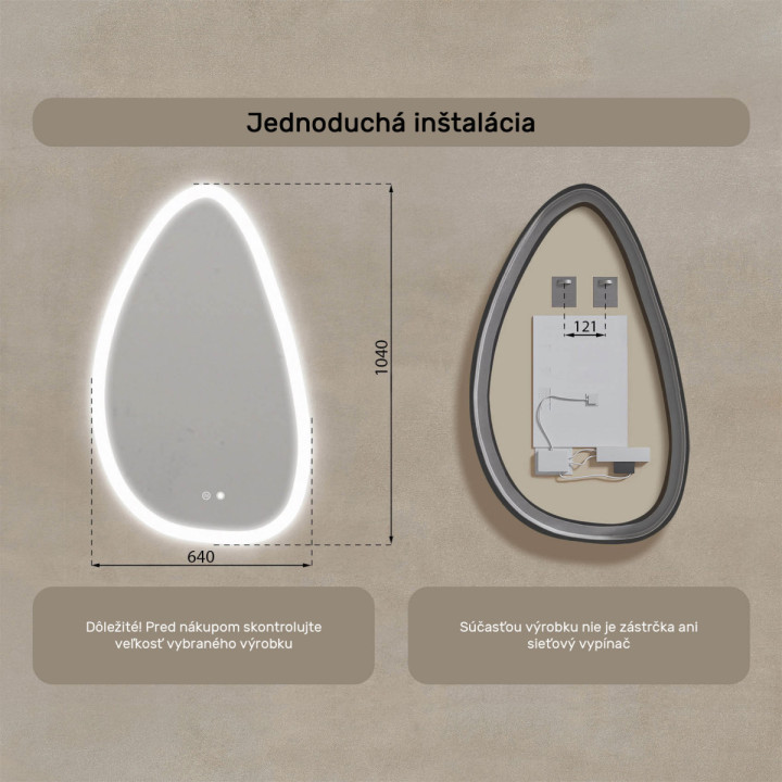 64x104 cm Nerovnomerné zrkadlo s podsvietením, 64x104cm, Dvojfarebné, Dotykový vypínač, Vyhrievacia podložka