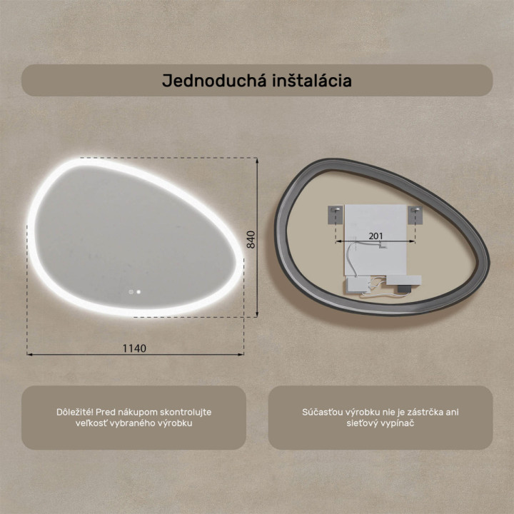 114x84 cm Nerovnomerné zrkadlo s podsvietením, 114x84cm, Dvojfarebné, Dotykový vypínač, Vyhrievacia podložka