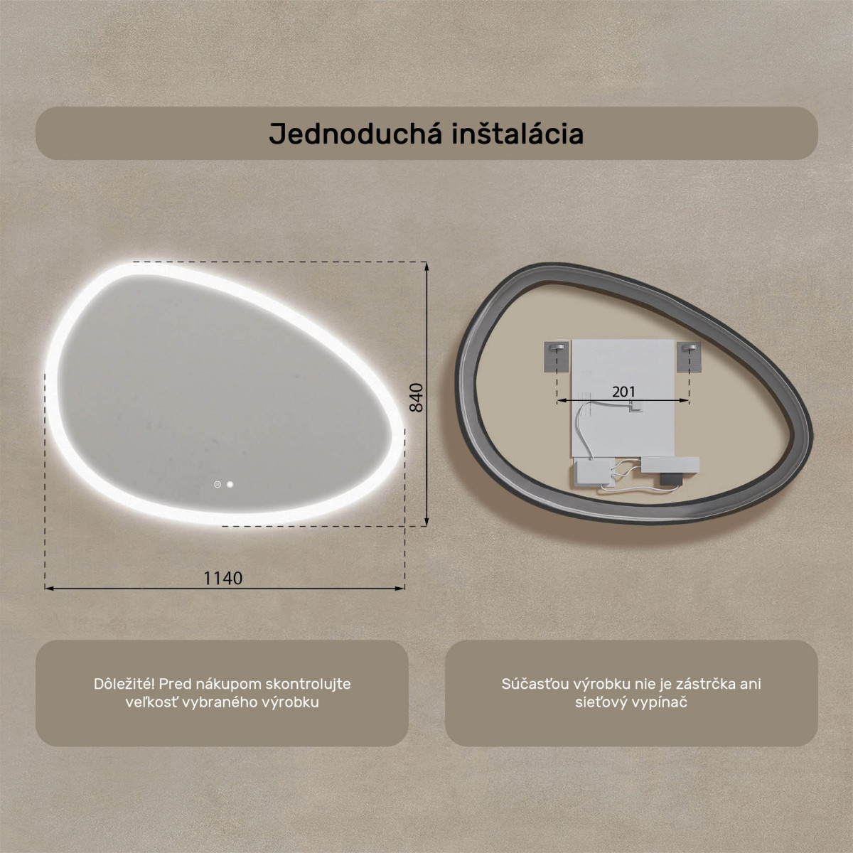 114x84 cm Nerovnomerné zrkadlo s podsvietením, 114x84cm, Dvojfarebné, Dotykový vypínač, Vyhrievacia podložka