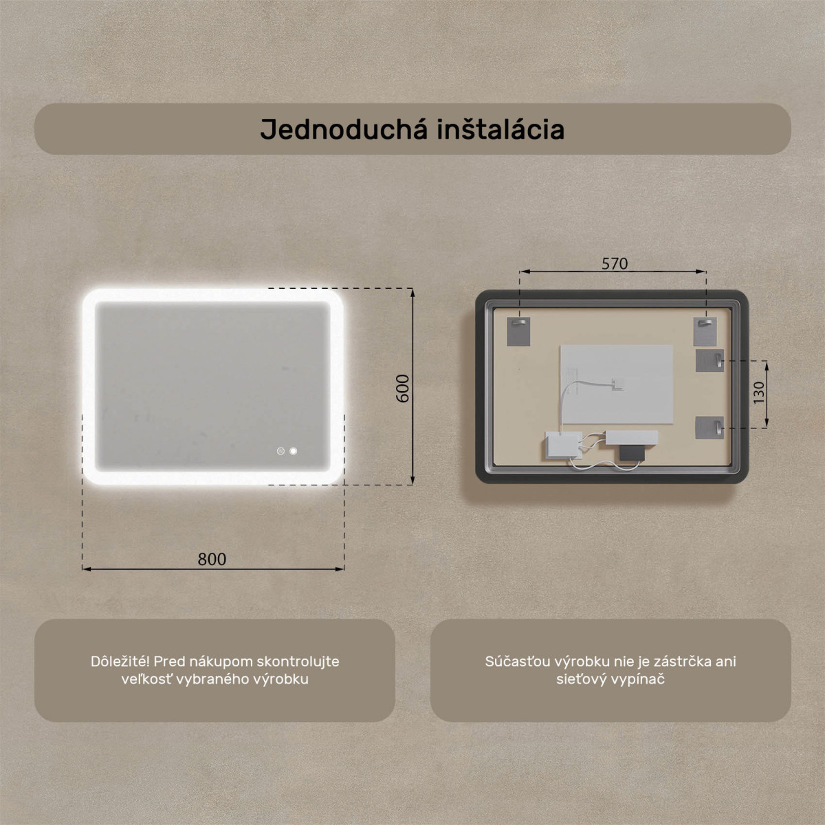 80x60 cm Zaoblené zrkadlo do kúpeľne s LED osvetlením, 80x60cm, Dvojfarebné, Dotykový vypínač, Vyhrievacia podložka
