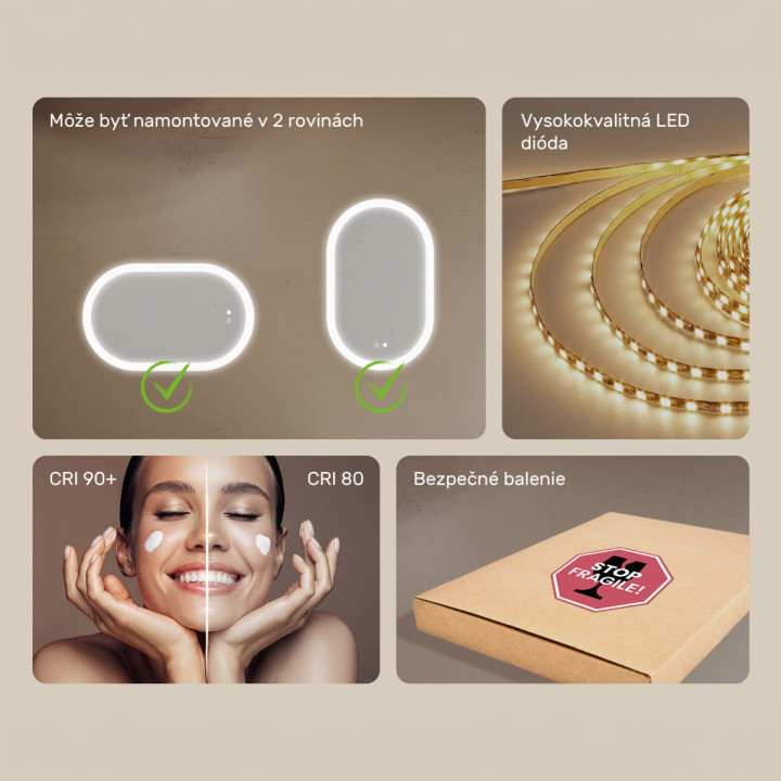 80x50 cm Osvetlené zrkadlo do kúpeľne, 80x50cm, Dvojfarebné, Dotykový vypínač, Vyhrievacia podložka