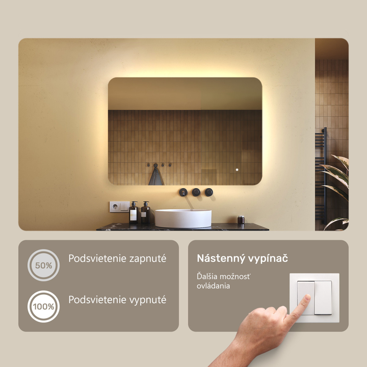 100x70 cm Zaoblené zrkadlo do kúpeľne s LED osvetlením, 100x70cm, Dvojfarebné, Dotykový vypínač