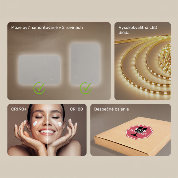 100x70 cm Zaoblené zrkadlo do kúpeľne s LED osvetlením, 100x70cm, Dvojfarebné, Dotykový vypínač