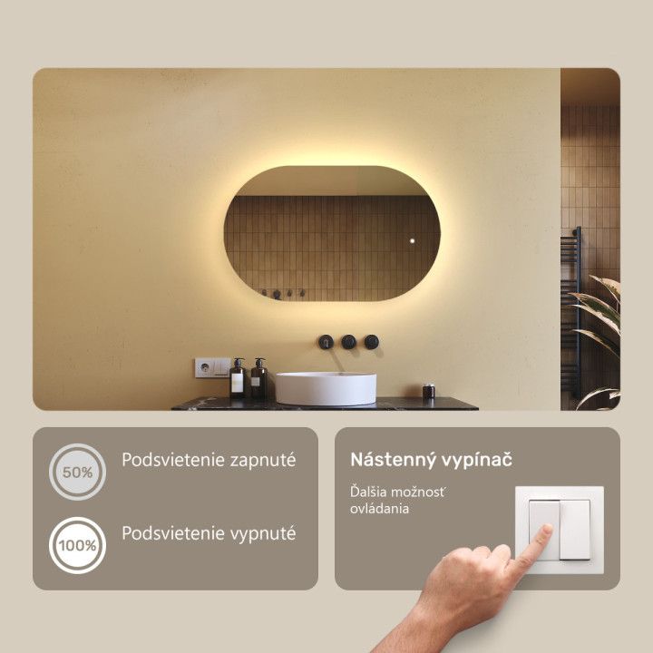 80x50 cm Podsvietené zrkadlo do kúpeľne, 80x50cm, Dvojfarebné, Dotykový vypínač