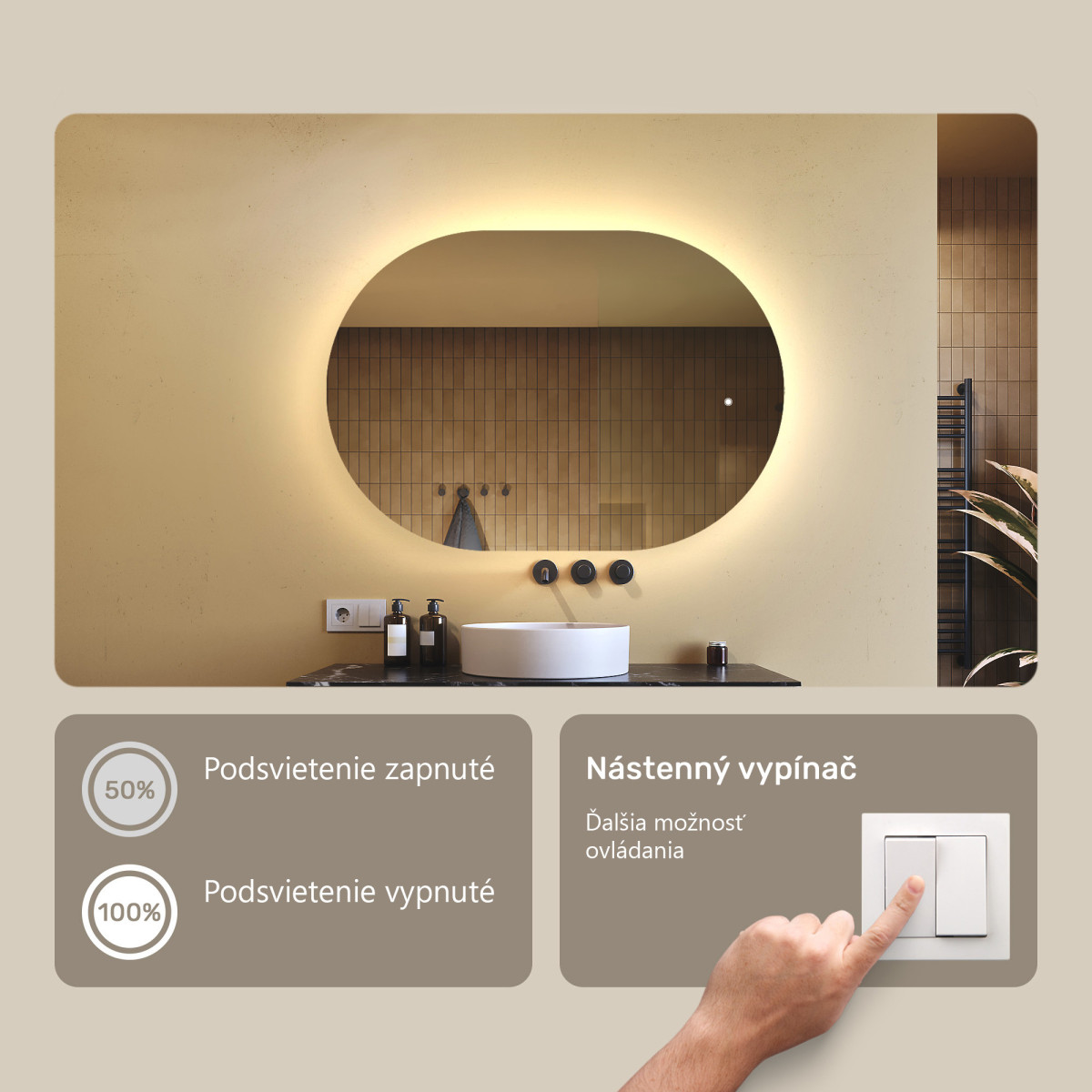 100x70 cm Podsvietené zrkadlo do kúpeľne, 100x70cm, Dvojfarebné, Dotykový vypínač