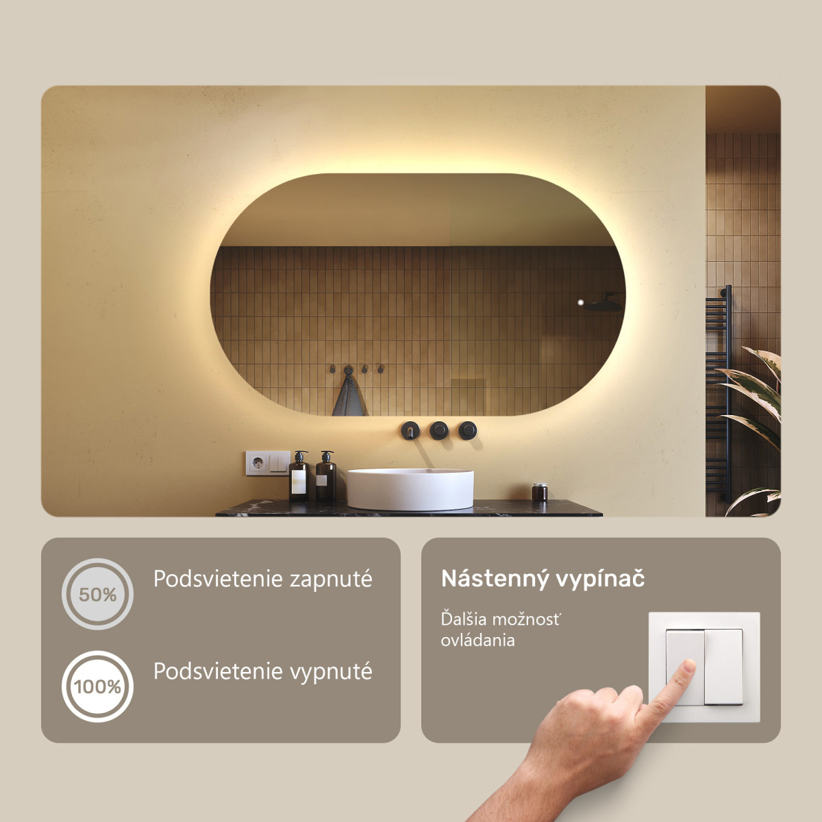 120x70 cm Osvetlené zrkadlo do kúpeľne, 120x70cm, Dvojfarebné, Dotykový vypínač