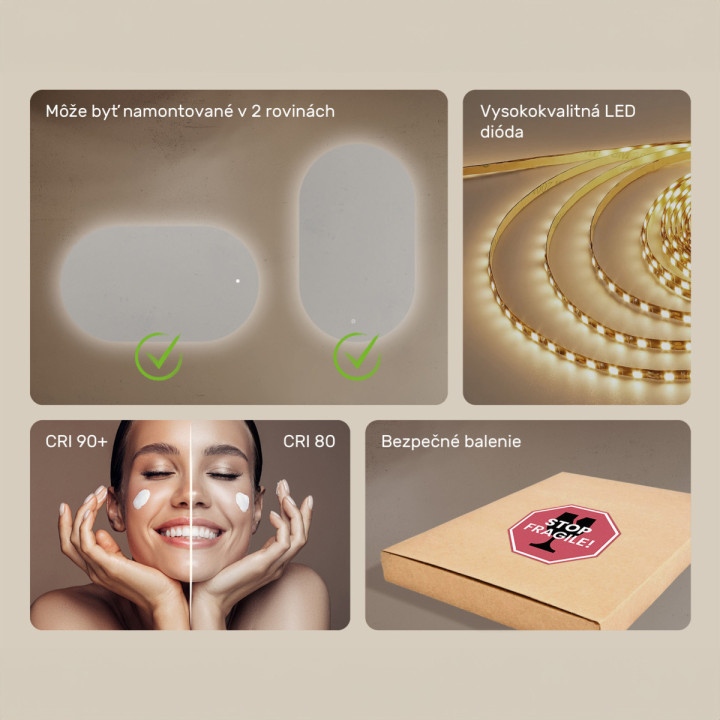 120x70 cm Osvetlené zrkadlo do kúpeľne, 120x70cm, Dvojfarebné, Dotykový vypínač