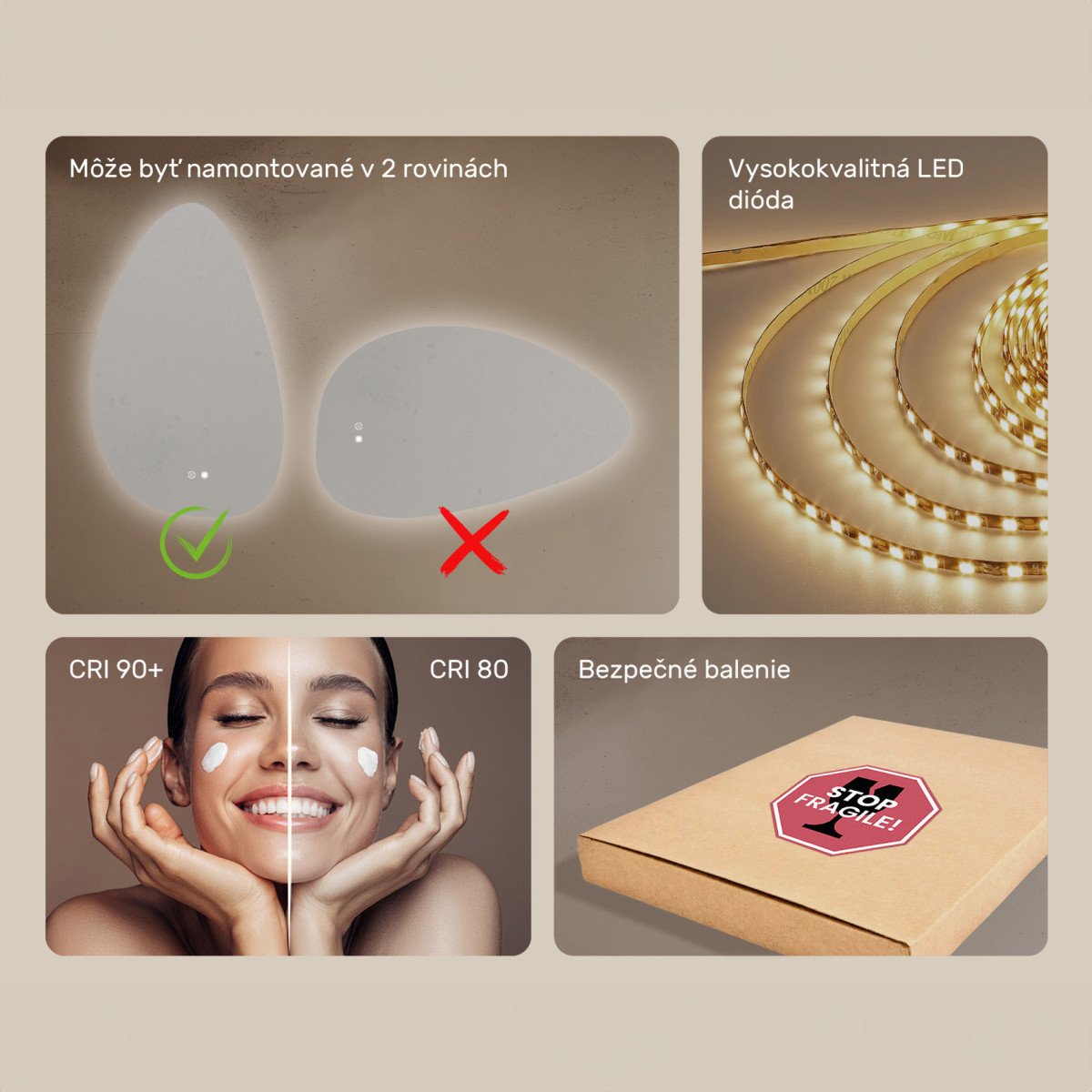 64x104 cm Nerovnomerné zrkadlo s podsvietením, 64x104cm, Dvojfarebné, Dotykový vypínač, Vyhrievacia podložka