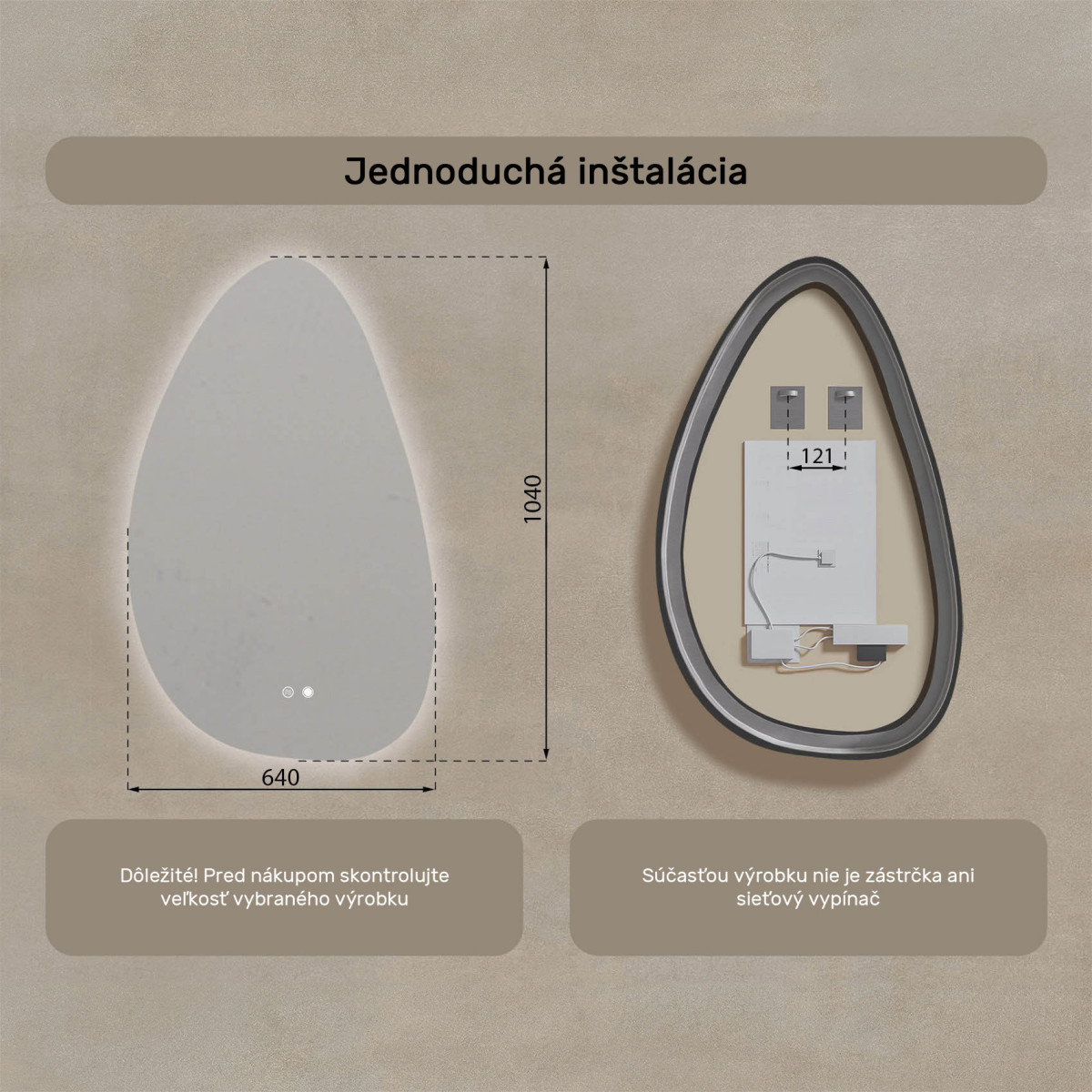 64x104 cm Nerovnomerné zrkadlo s podsvietením, 64x104cm, Dvojfarebné, Dotykový vypínač, Vyhrievacia podložka