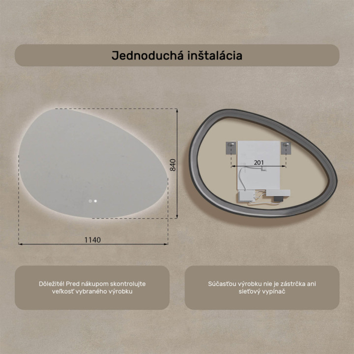 114x84 cm Nerovnomerné zrkadlo s podsvietením, 114x84cm, dvojfarebné, dotykový vypínač, vyhrievacia podložka