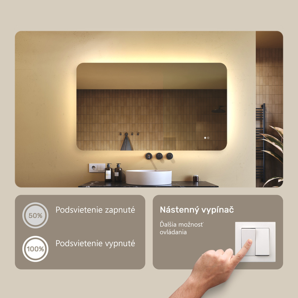 120x70 cm Zaoblené zrkadlo do kúpeľne s LED osvetlením, 120x70cm, Dvojfarebné, Dotykový vypínač, Vyhrievacia podložka