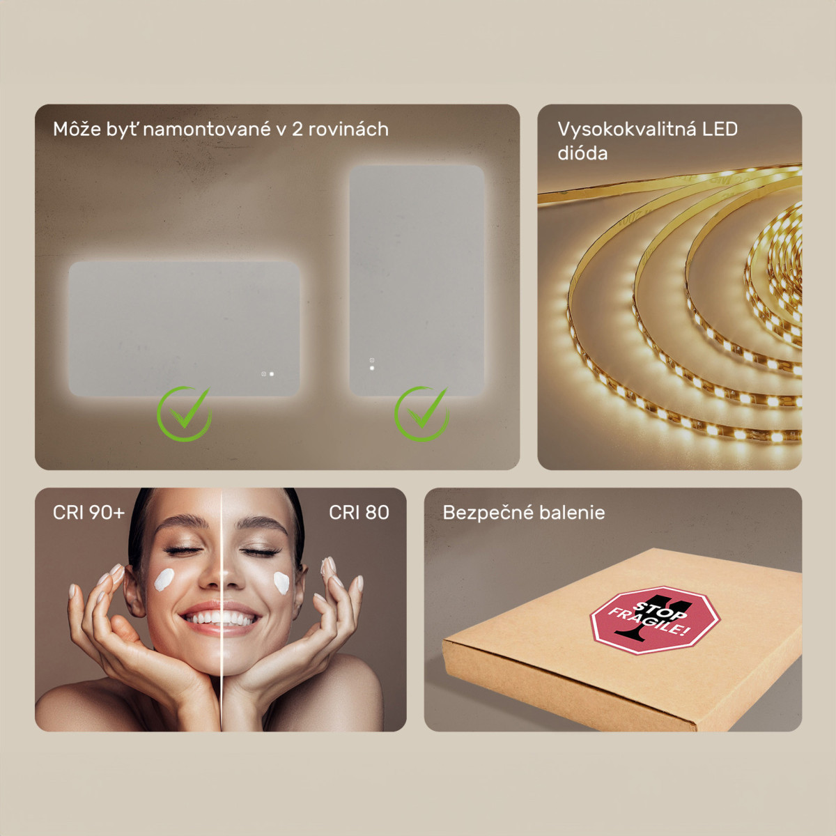 120x70 cm Zaoblené zrkadlo do kúpeľne s LED osvetlením, 120x70cm, Dvojfarebné, Dotykový vypínač, Vyhrievacia podložka