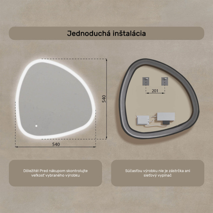 54x54 cm Nerovnomerné zrkadlo s podsvietením, 54x54cm, Dvojfarebné, Dotykový vypínač