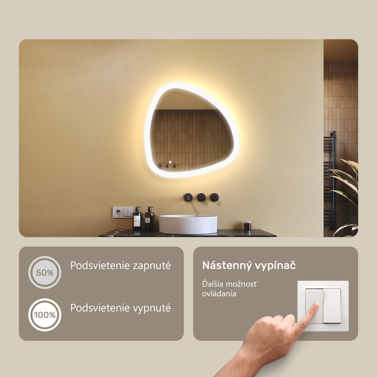 64x64 cm Nerovnomerné zrkadlo s podsvietením, 64x64cm, Dvojfarebné, Dotykový vypínač