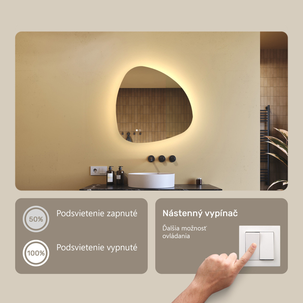 64x64 cm Nerovnomerné zrkadlo s podsvietením, 64x64cm, Dvojfarebné, Dotykový vypínač, Vyhrievacia podložka