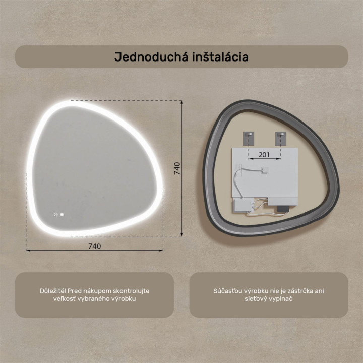74x74 cm Nerovnomerné zrkadlo s podsvietením, 74x74cm, Dvojfarebné, Dotykový vypínač, Vyhrievacia podložka