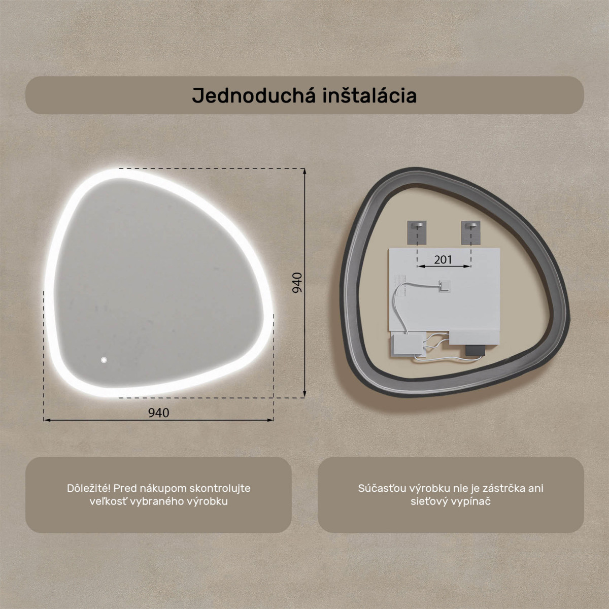 94x94 cm Kúpeľňové zrkadlo s osvetlením, 94x94cm, Dvojfarebné, Dotykový vypínač
