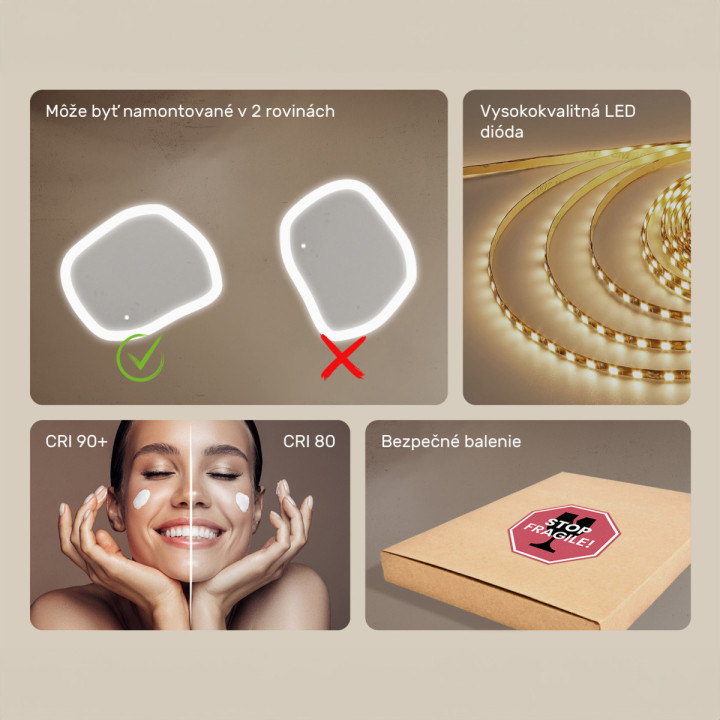 64x54 cm Kúpeľňové zrkadlo s osvetlením, 64x54cm, Dvojfarebné, Dotykový vypínač