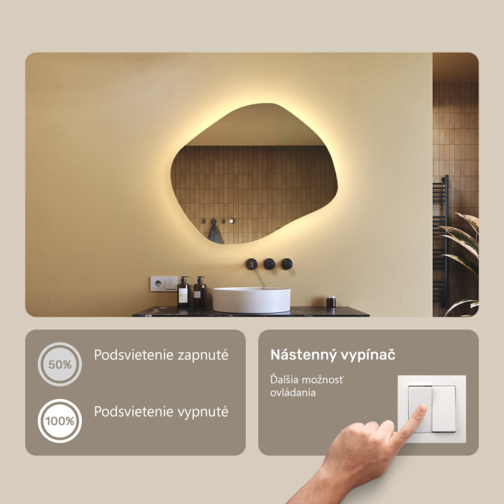64x54 cm Kúpeľňové zrkadlo s osvetlením, 64x54cm, Dvojfarebné, Dotykový vypínač