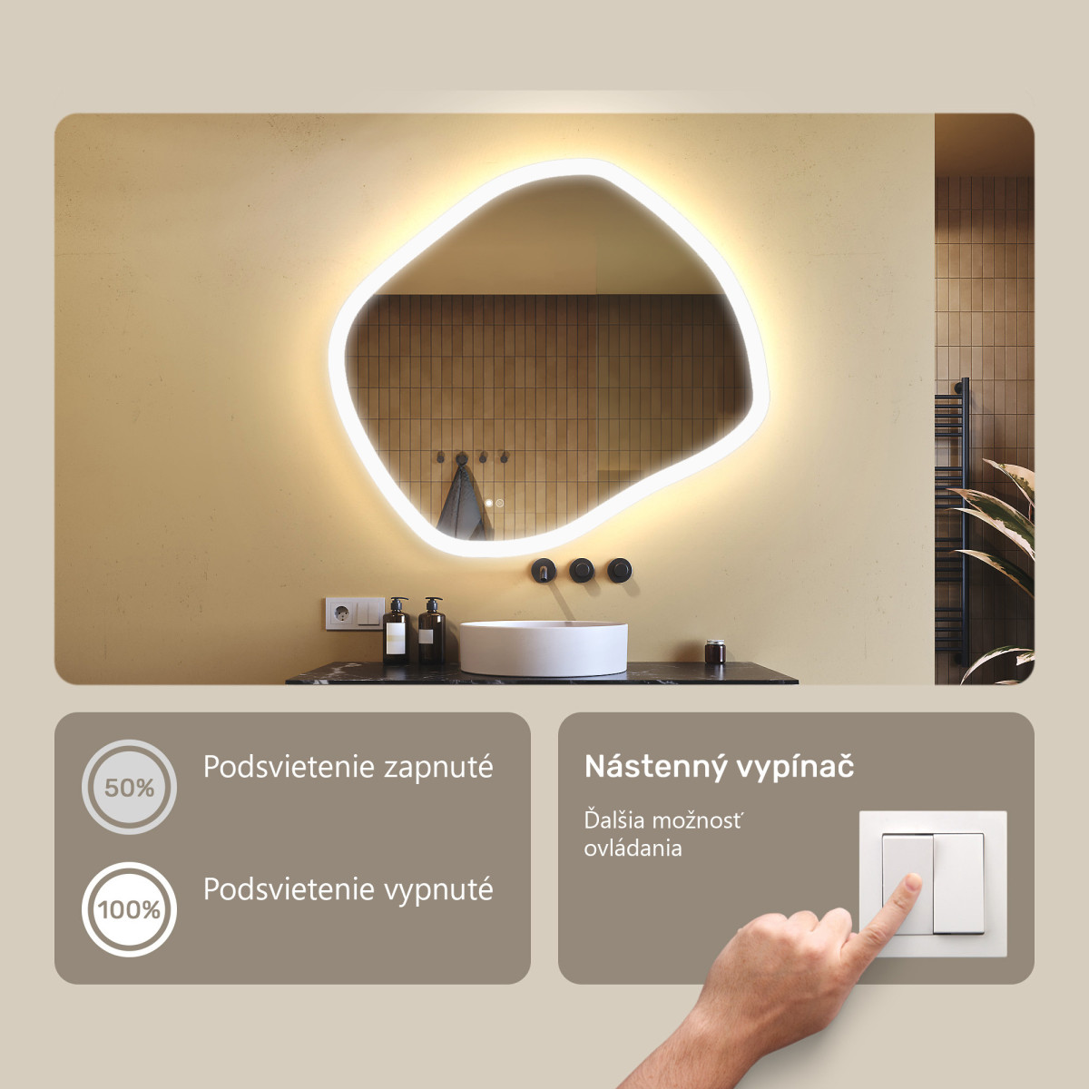 104x94 cm Kúpeľňové zrkadlo s osvetlením, 104x94cm, dvojfarebné, dotykový vypínač, vyhrievacia podložka