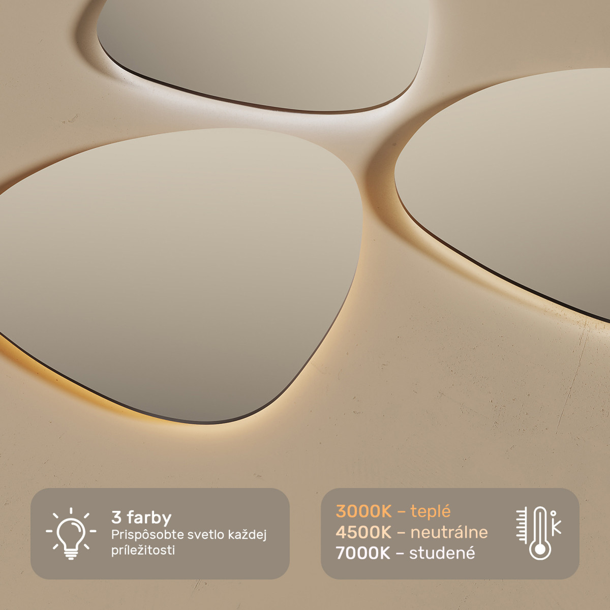 104x94 cm Kúpeľňové zrkadlo s osvetlením, 104x94cm, dvojfarebné, dotykový vypínač