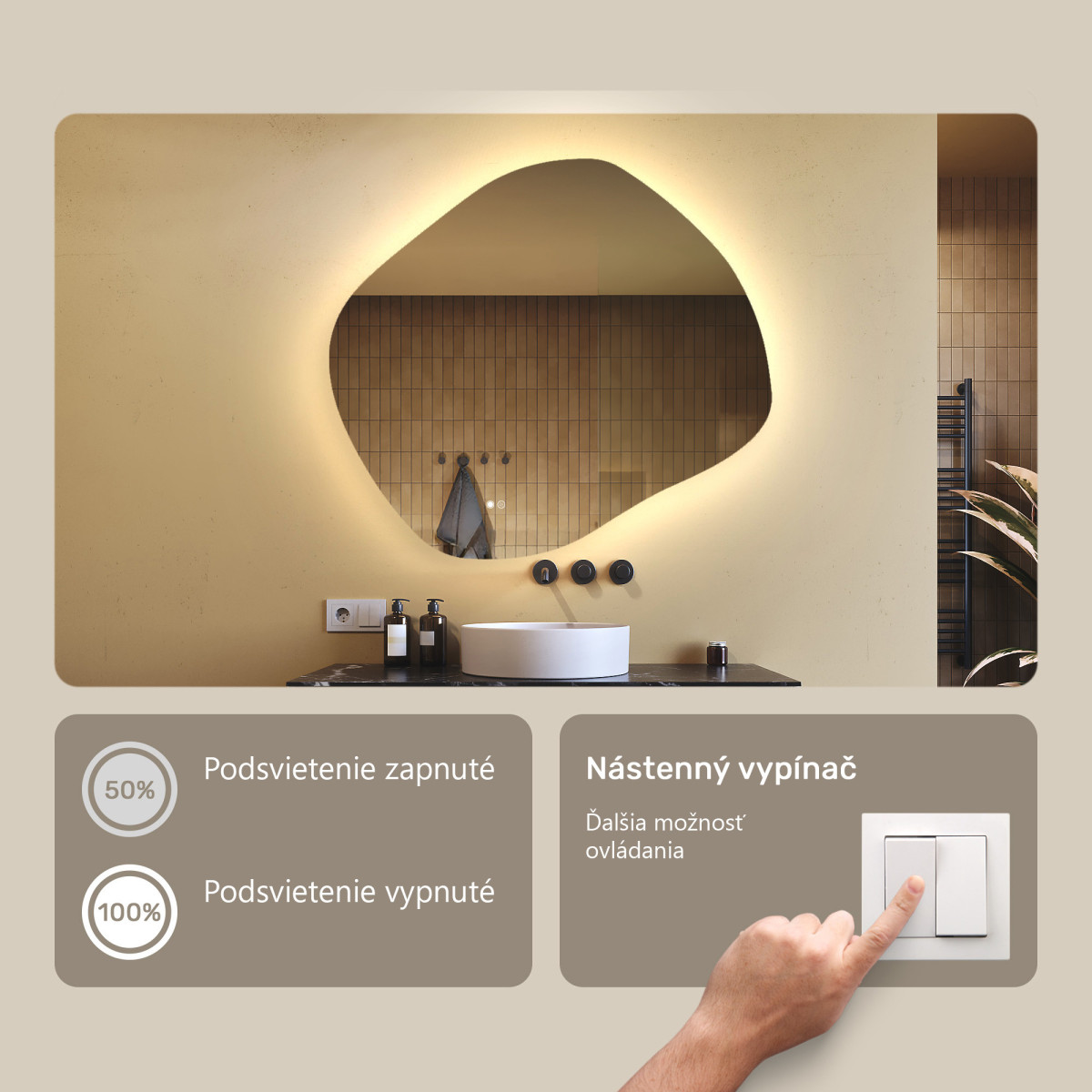 104x94 cm Kúpeľňové zrkadlo s osvetlením, 104x94cm, dvojfarebné, dotykový vypínač, vyhrievacia podložka