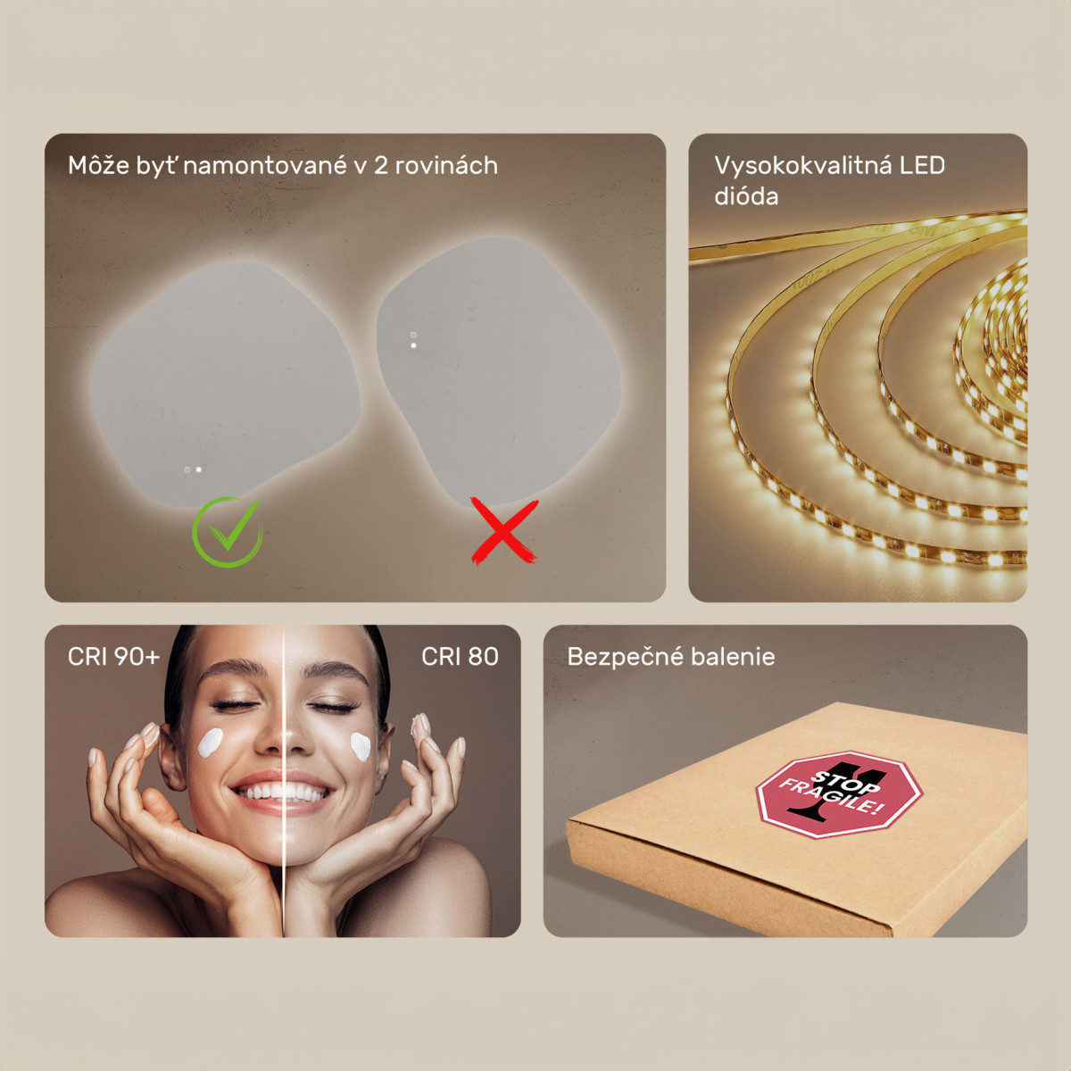 104x94 cm Kúpeľňové zrkadlo s osvetlením, 104x94cm, dvojfarebné, dotykový vypínač, vyhrievacia podložka