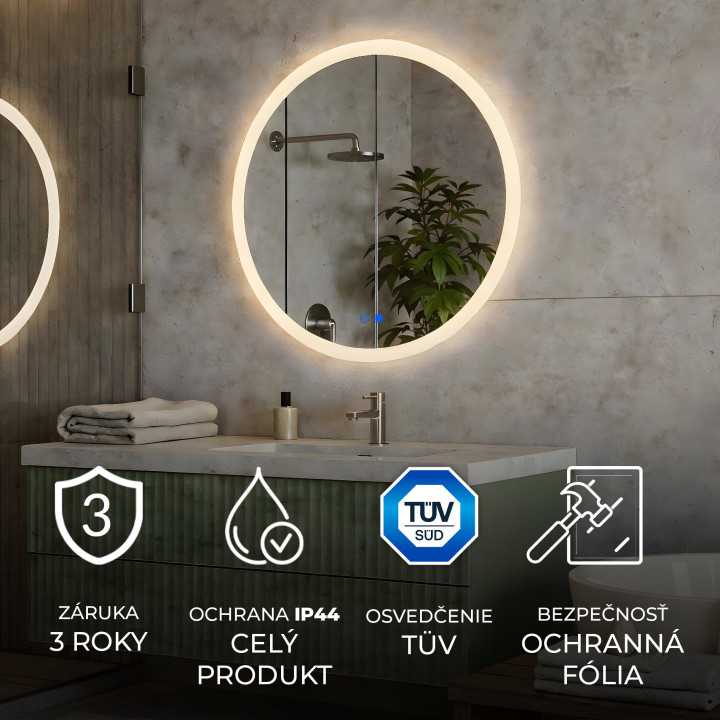80x80 cm Kruhové zrkadlo do kúpeľne s LED osvetlením 80 cm s dvojfarebným osvetlením, dotykový vypínač, vyhrievacia podložka