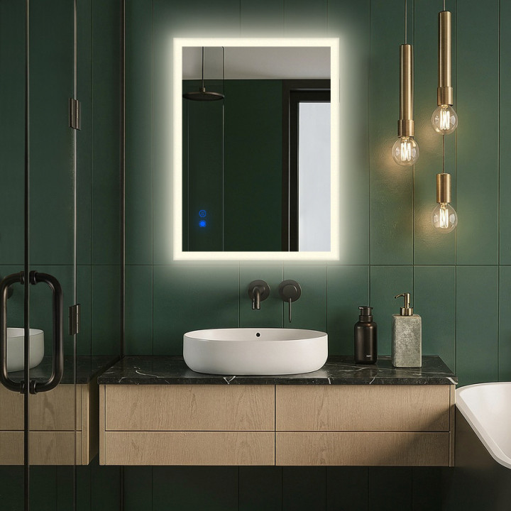 80x60 cm Obdĺžnikové kúpeľňové zrkadlo LED 80x60cm s dvojfarebným osvetlením, dotykový vypínač, vyhrievacia podložka