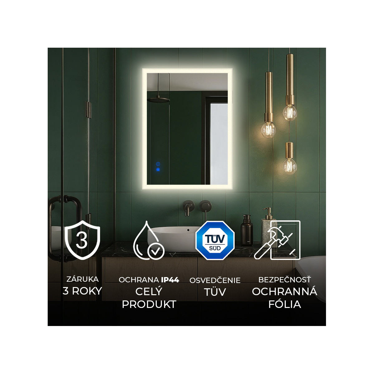 80x60 cm Obdĺžnikové kúpeľňové zrkadlo LED 80x60cm s dvojfarebným osvetlením, dotykový vypínač, vyhrievacia podložka