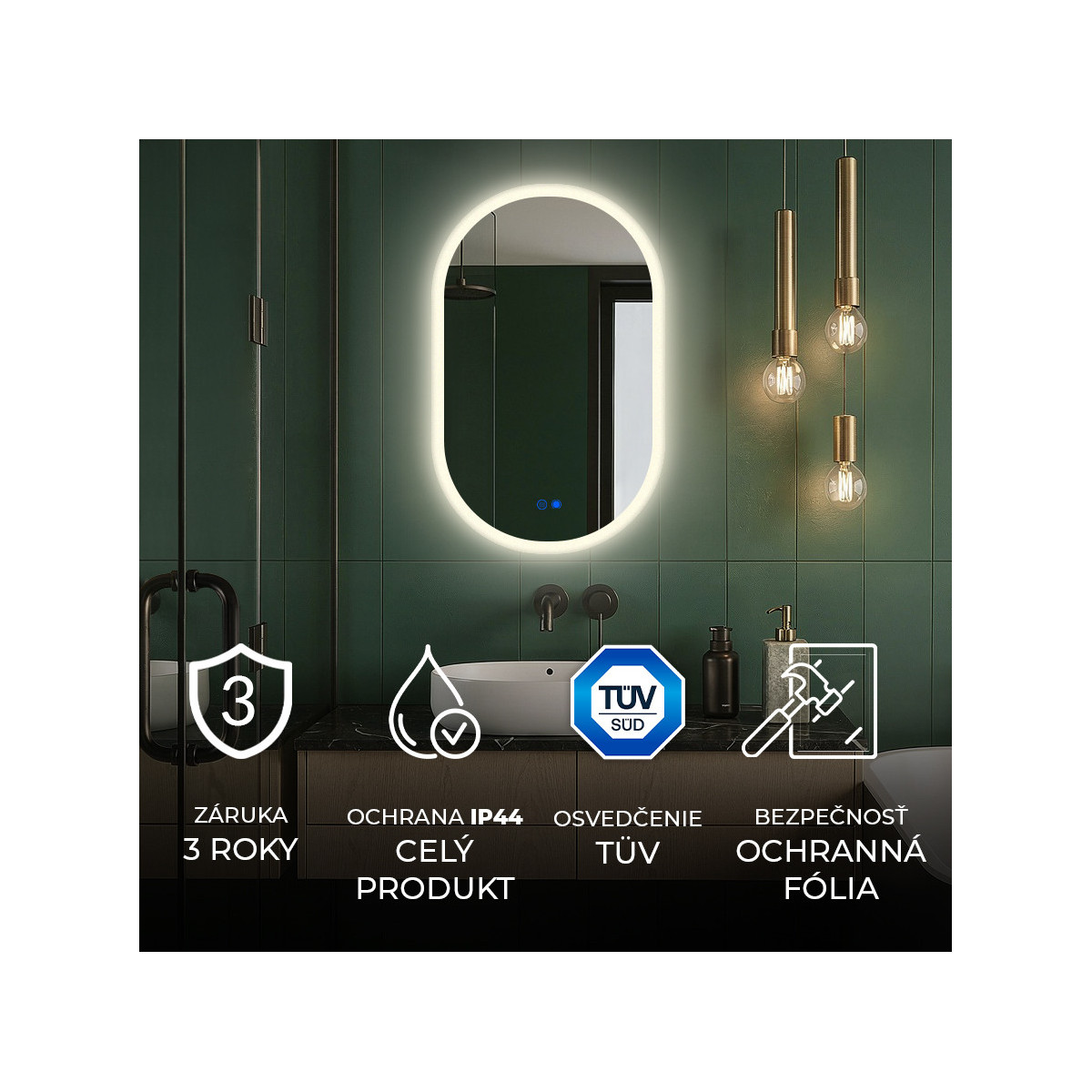 80x50 cm Osvetlené zrkadlo do kúpeľne, 80x50cm, Dvojfarebné, Dotykový vypínač, Vyhrievacia podložka