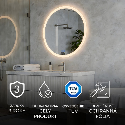 Okrúhle kúpeľňové zrkadlo s LED osvetlením 60 cm, Dual Color, dotykovým vypínačom a vyhrievacou podložkou