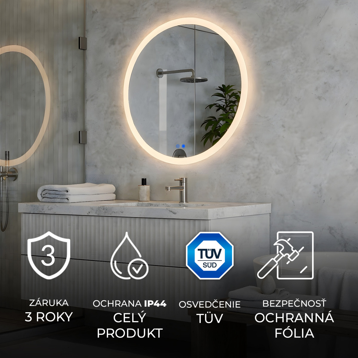 Okrúhle kúpeľňové zrkadlo s LED osvetlením 60 cm, Dual Color, dotykovým vypínačom a vyhrievacou podložkou