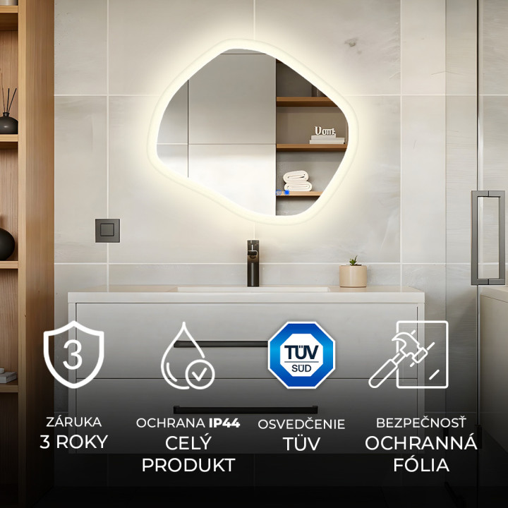 84x74 cm Kúpeľňové zrkadlo s osvetlením, 84x74cm, dvojfarebné, dotykový vypínač, vyhrievacia podložka