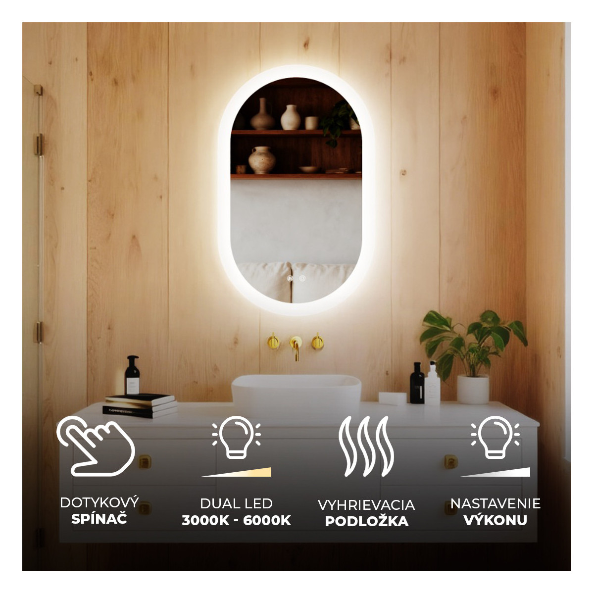 80x50 cm Osvetlené zrkadlo do kúpeľne, 80x50cm, Dvojfarebné, Dotykový vypínač, Vyhrievacia podložka