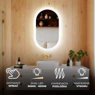 80x50 cm Osvetlené zrkadlo do kúpeľne, 80x50cm, Dvojfarebné, Dotykový vypínač, Vyhrievacia podložka