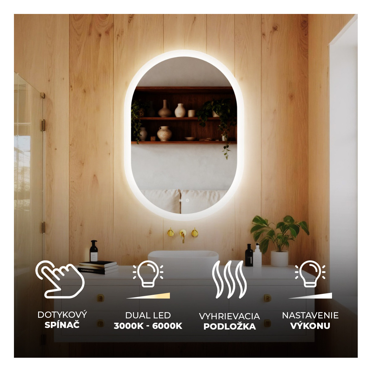 100x70 cm Osvetlené zrkadlo do kúpeľne, 100x70cm, Dvojfarebné, Dotykový vypínač, Vyhrievacia podložka