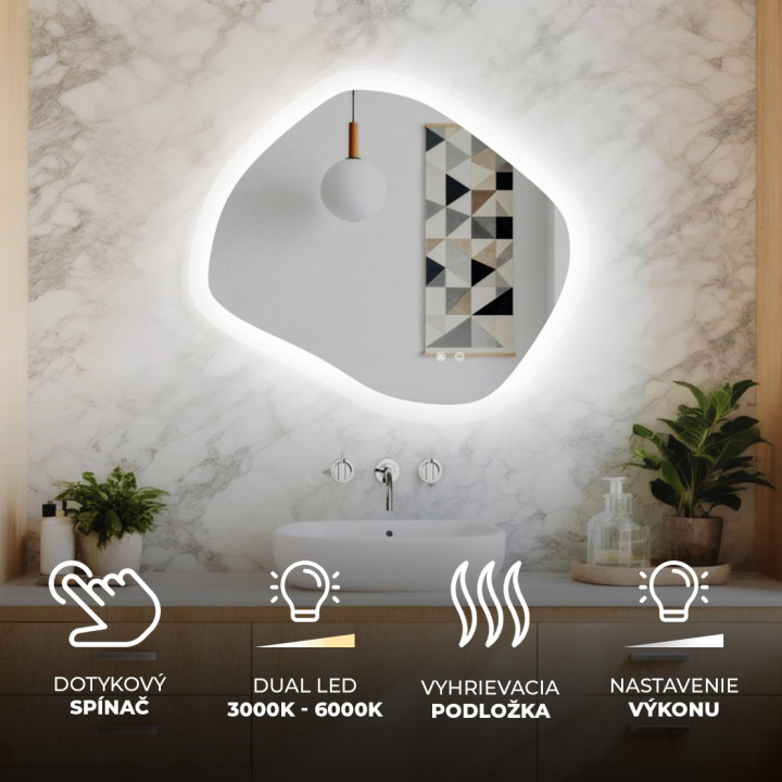 84x74 cm Kúpeľňové zrkadlo s osvetlením, 84x74cm, dvojfarebné, dotykový vypínač, vyhrievacia podložka