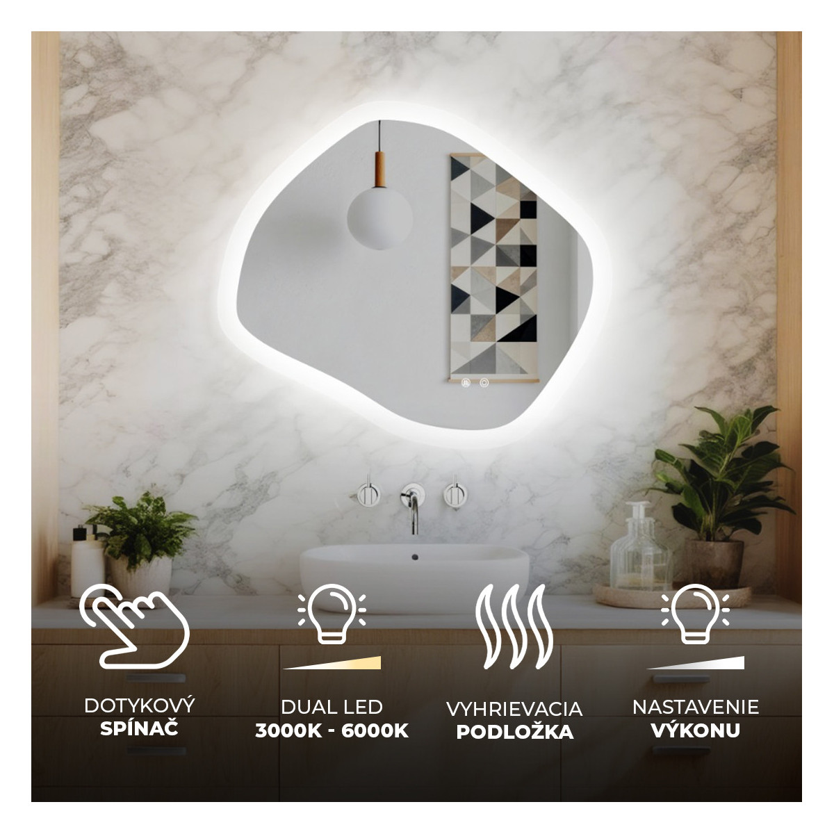 84x74 cm Kúpeľňové zrkadlo s osvetlením, 84x74cm, dvojfarebné, dotykový vypínač, vyhrievacia podložka