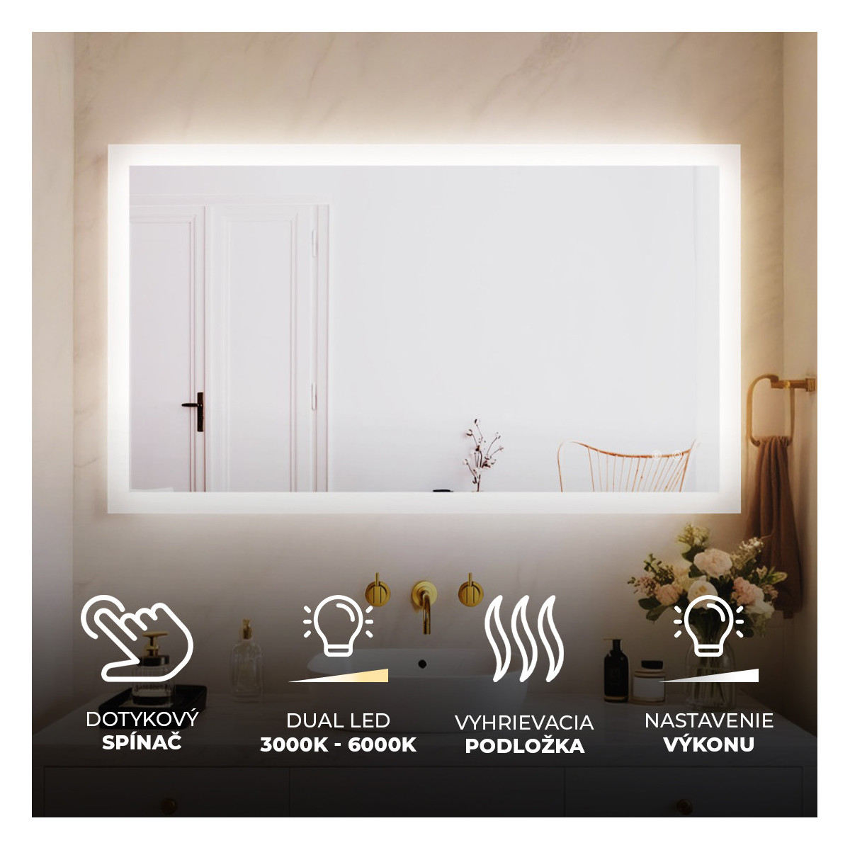 120x70 cm Obdĺžnikové zrkadlo do kúpeľne s LED osvetlením s dvojfarebným osvetlením, dotykový vypínač, vyhrievacia podložka